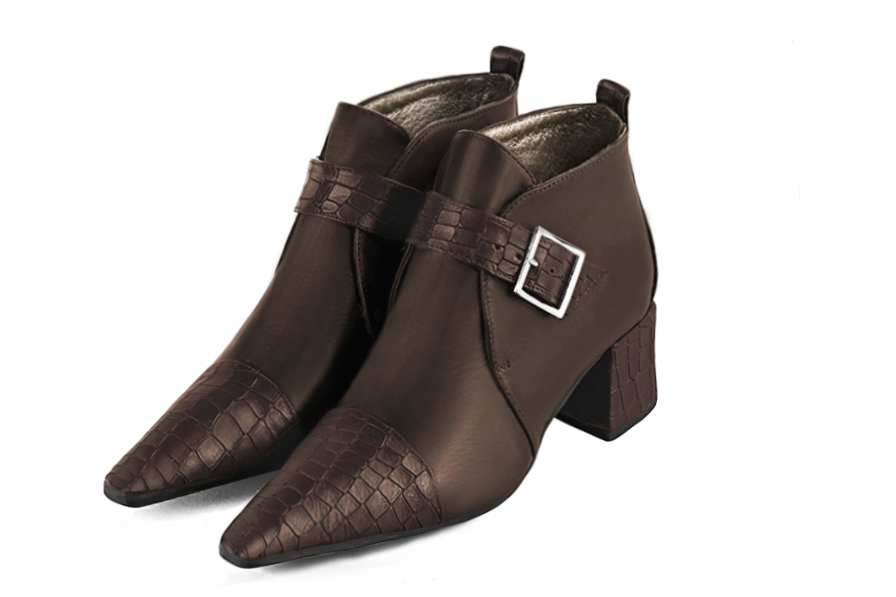 Dark brown women's ankle boots with buckles at the front. Tapered toe. Medium block heels. Front view - Florence KOOIJMAN
